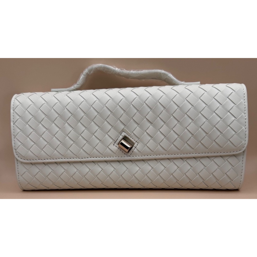 Few Moda East West Clutch Woven‎ Faux Leather White Gold Turn Lock Crossbody Bag